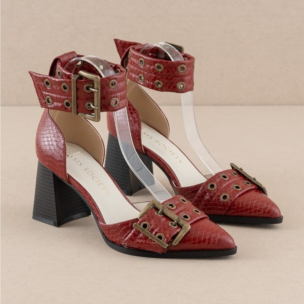 Croc-embossed Double Buckle Pointed Toe Heels - Oasis Society